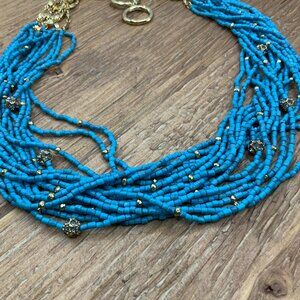 Stella & Dot Calliah Multi Strands Seed Beaded Faux Turquoise Gold Tone Necklace